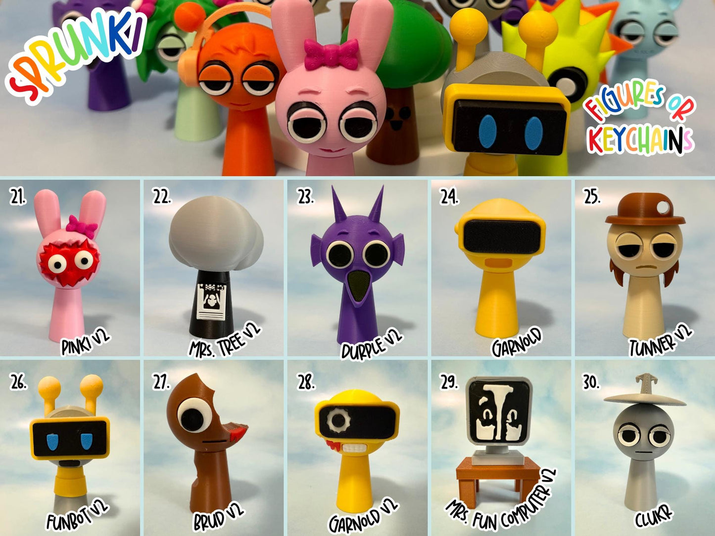 Sprunki 3D Printed figures: Incredibox Gamer Gifts for Party Favor Cake Topper birthday present Christmas and Keychains