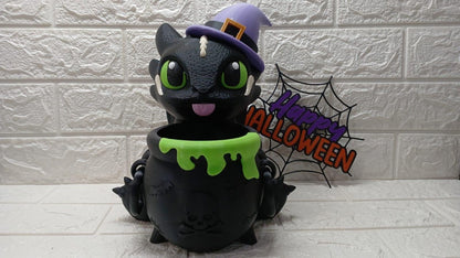 Toothless Popcorn Bucket Halloween 3D Printed Cauldron Decoration, Cute Witch Dragon Candy Bowl, Spooky Home Decor, Unique Gift Halloween