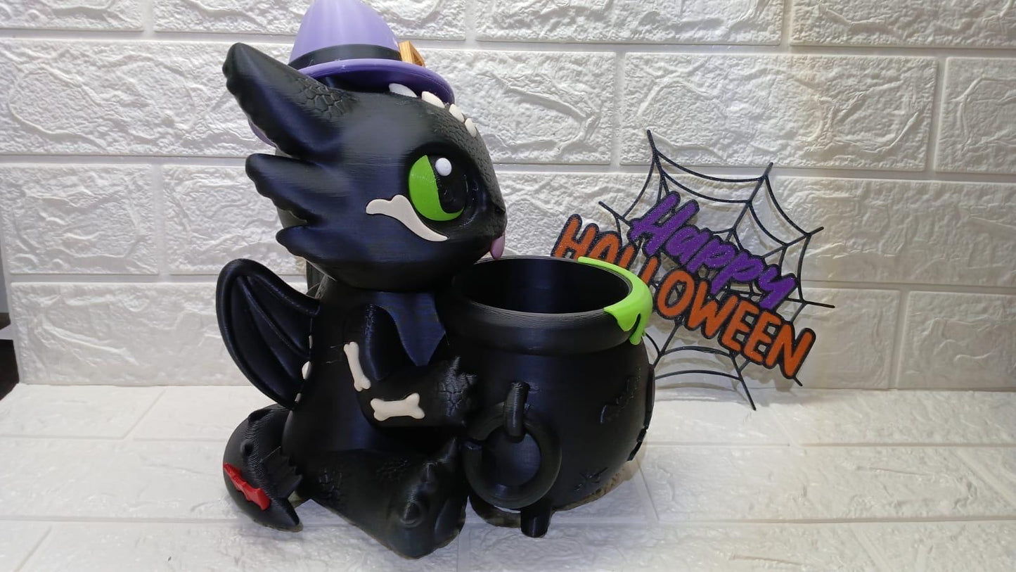 Toothless Popcorn Bucket Halloween 3D Printed Cauldron Decoration, Cute Witch Dragon Candy Bowl, Spooky Home Decor, Unique Gift Halloween