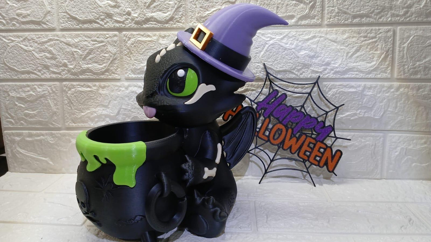 Toothless Popcorn Bucket Halloween 3D Printed Cauldron Decoration, Cute Witch Dragon Candy Bowl, Spooky Home Decor, Unique Gift Halloween