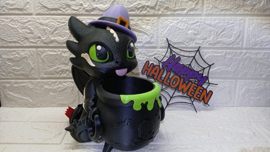 Toothless Popcorn Bucket Halloween 3D Printed Cauldron Decoration, Cute Witch Dragon Candy Bowl, Spooky Home Decor, Uniq