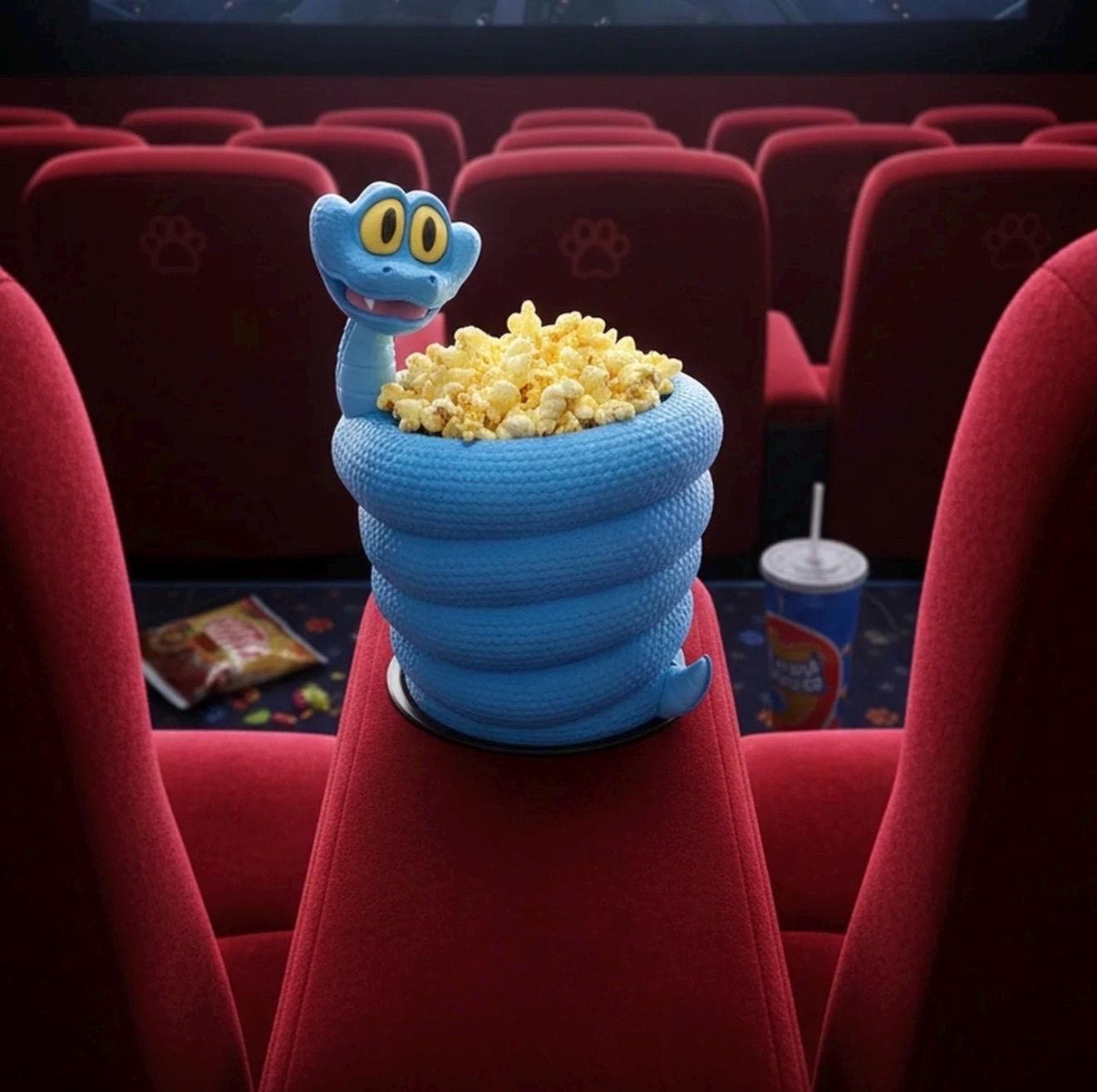 Cute Blue Snake Popcorn Bowl 3D Printed Movie Night Snack Bucket, Cartoon Serpent Snack Holder Kids Cinema Decor Unique 