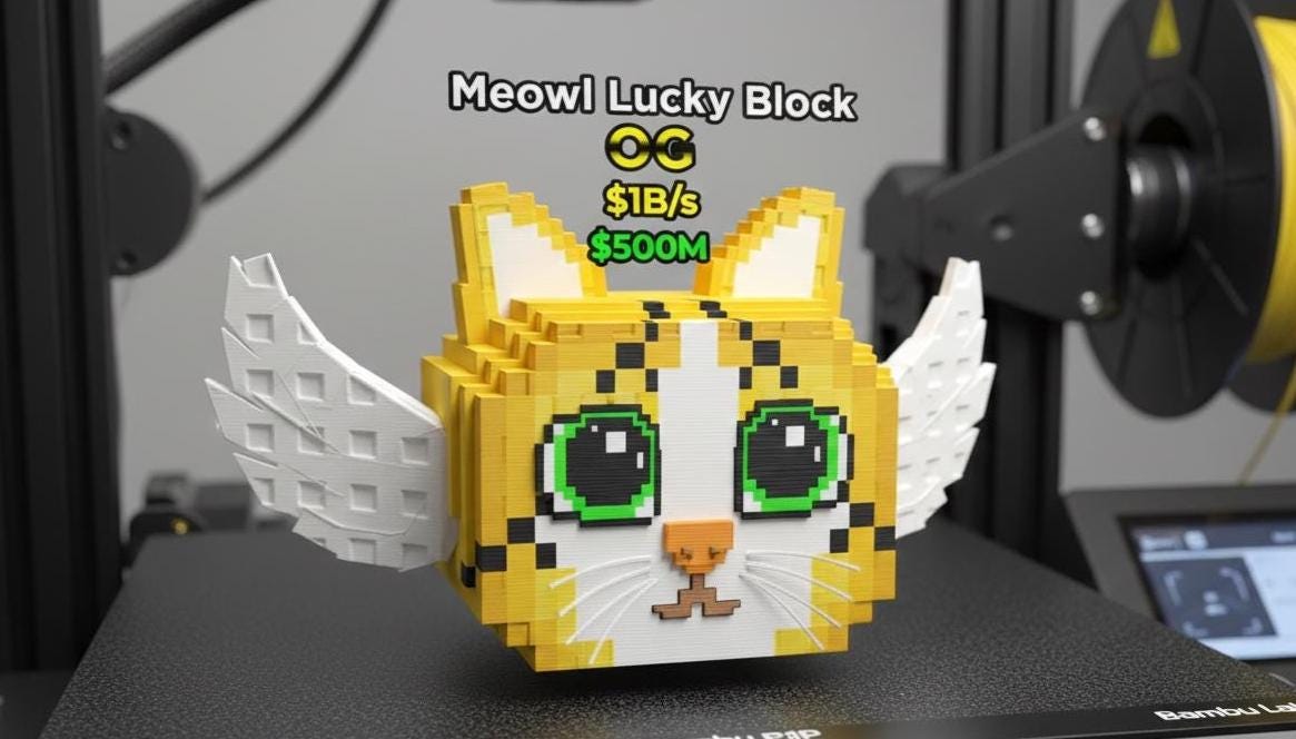 Meowl Lucky Block Brainrot Winged Pixel Cat 3D Printed Collectible Figure Cute Gamer Desk Buddy