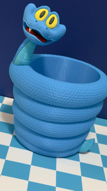 Cute Blue Snake Popcorn Bowl 3D Printed Movie Night Snack Bucket, Cartoon Serpent Snack Holder Kids Cinema Decor Unique Gift Gary Da Snake