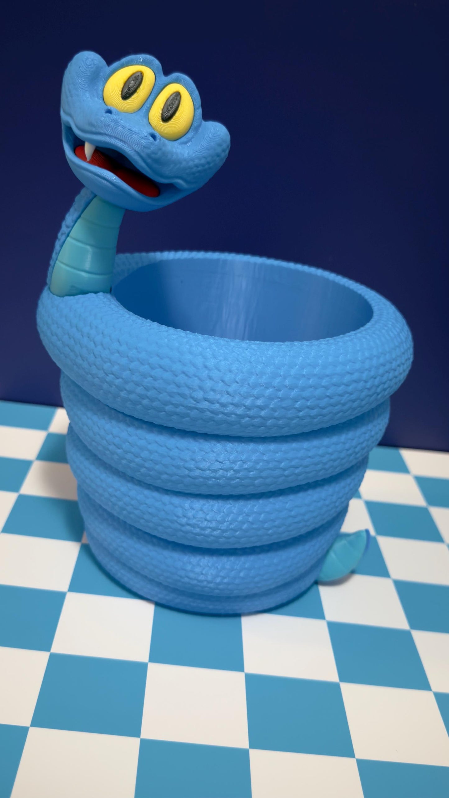Cute Blue Snake Popcorn Bowl 3D Printed Movie Night Snack Bucket, Cartoon Serpent Snack Holder Kids Cinema Decor Unique Gift Gary Da Snake
