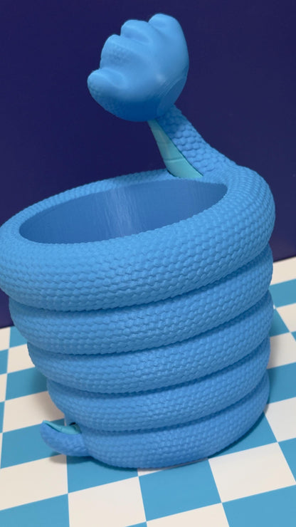 Cute Blue Snake Popcorn Bowl 3D Printed Movie Night Snack Bucket, Cartoon Serpent Snack Holder Kids Cinema Decor Unique Gift Gary Da Snake