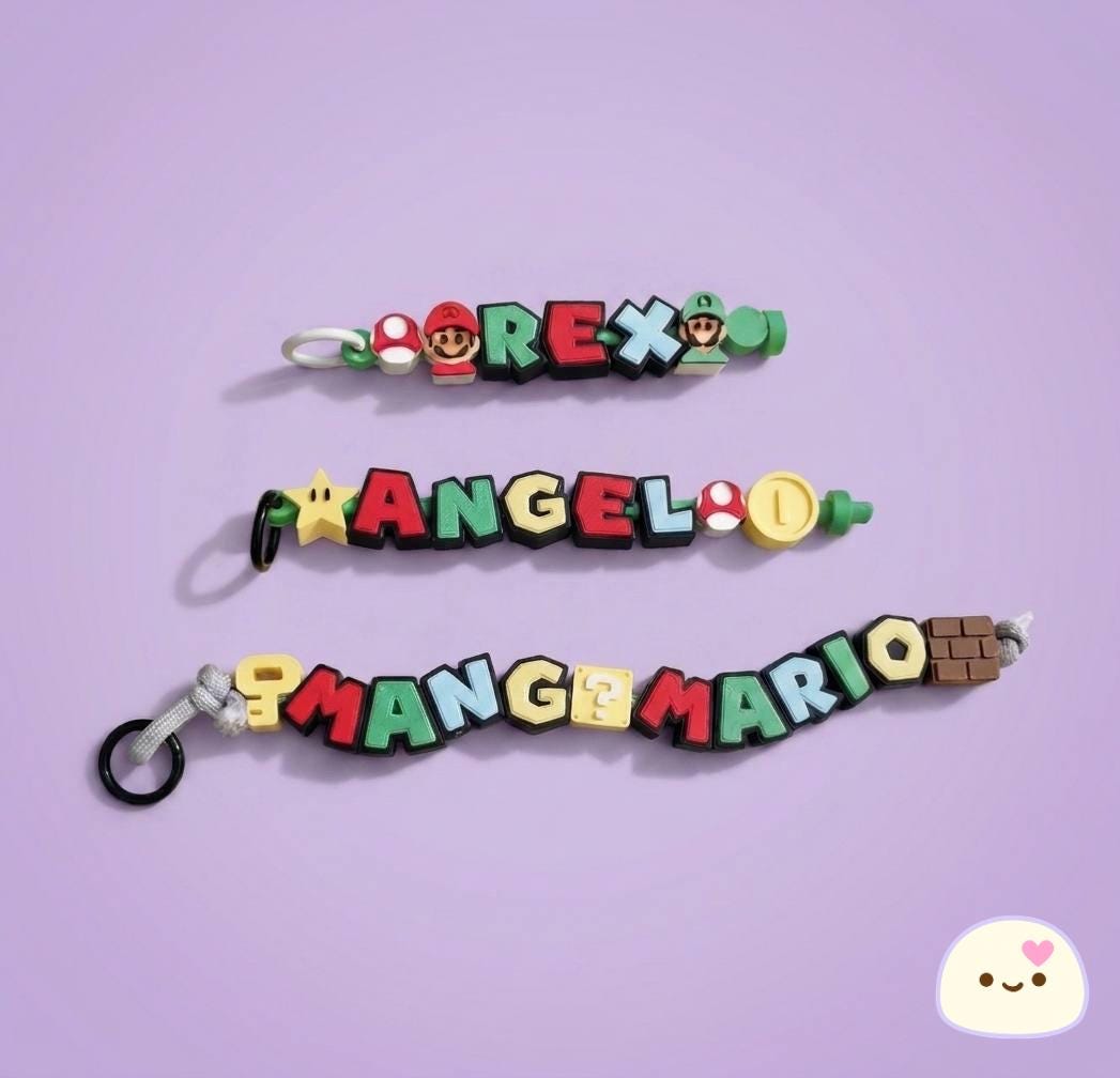 Personalized Mario name keychain 3D printed with icon charms