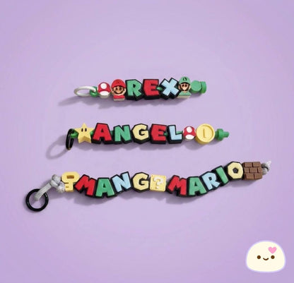 Personalized Mario name keychain 3D printed with icon charms