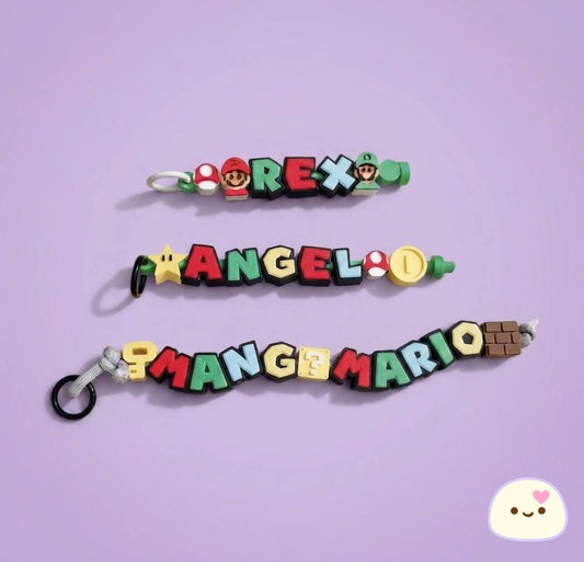 Personalized Mario name keychain 3D printed with icon charms